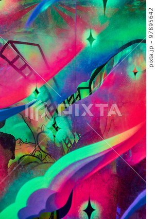 Abstract and unusual glowing wall of colorful art with stars 97895642
