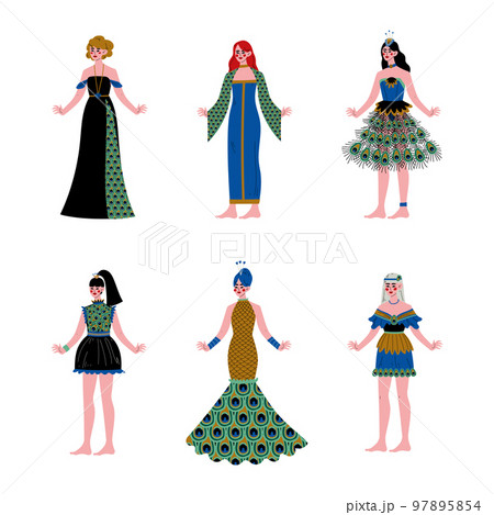Beautiful young women wearing peacock dress set cartoon vector illustration Beautiful young women wearing peacock dress set cartoon vector illustration 97895854