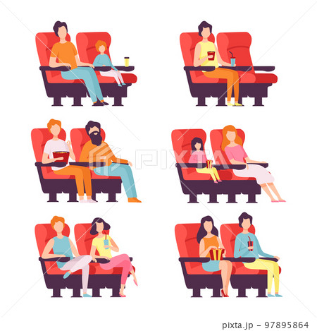 People sitting in red chairs in cinema hall. Visitors watching movie with popcorn buckets and drinks flat vector illustration 97895864