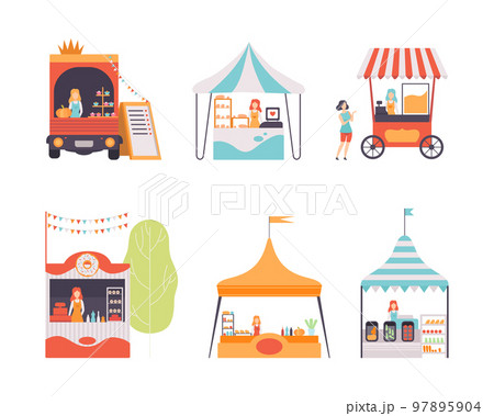 Outdoor stalls, carts, tents for summer street fair or street market festival cartoon vector illustration 97895904
