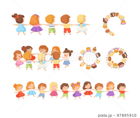 Cute kids holding hands set. Happy little boys and girls leading round dance together and standing in rows holding hands cartoon vector illustration 97895910