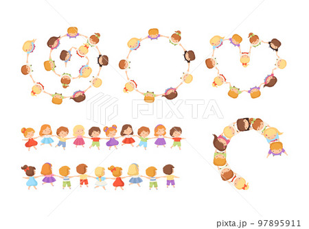 Cute kids holding hands set. Happy little children leading round dance together cartoon vector illustration 97895911