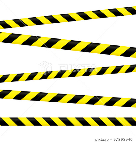 Crossed caution tape set. Yellow and black warning stripes. Repeating construction, hazard, danger sellotapes. Restriction and prohibition zones adhesive tapes. Police line. 97895940