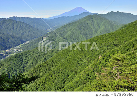 道志山塊の道志山稜縦走コース 赤鞍ヶ岳のウバガ岩より富士山と道志山稜を望む 道志山塊の道志山稜縦走コース 赤鞍ヶ岳のウバガ岩より富士山と道志山稜を望む 97895966
