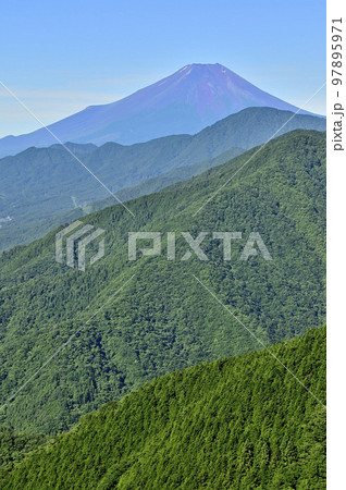 道志山塊の赤鞍ヶ岳　ウバガ岩より夏富士山を望む 97895971
