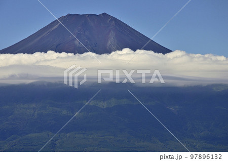 道志山塊の杓子山山頂より望む夏の富士山 道志山塊の杓子山山頂より望む夏の富士山 97896132