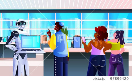 robot seller holding laptop people consumers in electronics store choosing digital devices big sale shopping concept horizontal vector illustration robot seller holding laptop people consumers in electronics store choosing digital devices big sale shopping concept horizontal vector illustration 97896420