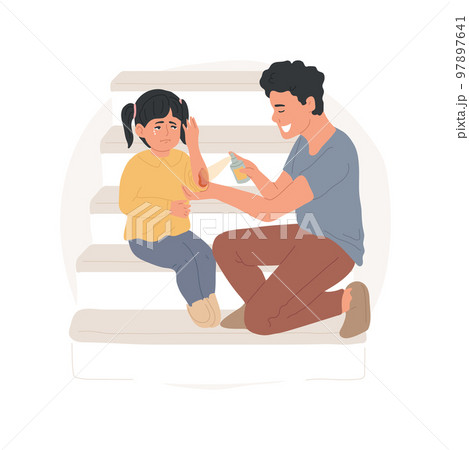 First aid isolated cartoon vector illustration. An adult treats childs wound, puts bandage on an abrasion, scratched elbows, family first aid, taking care of injured toddler vector cartoon. 97897641