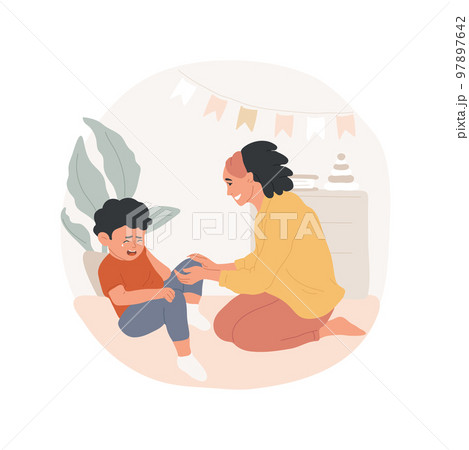 Comfort a crying child isolated cartoon vector illustration. Parent comforts a kid lying on the floor, childs injury, mom soothing toddlers pain, holding hurt knee, childhood vector cartoon. 97897642