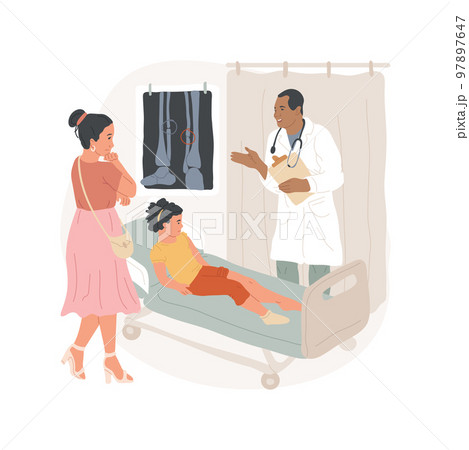 Bone fracture isolated cartoon vector illustration. Doctor making x-ray scan for a child, leg bone fracture, first aid, kids injury, family health, symptoms and treatment vector cartoon. 97897647
