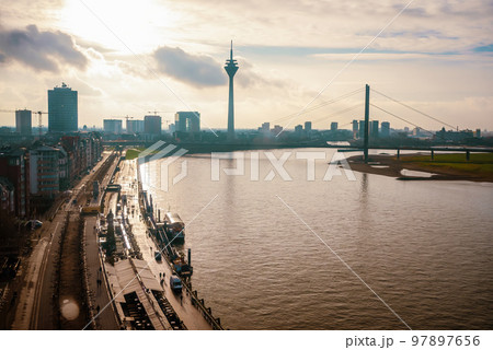 skyline of Dusseldorf in Germany during sunset 97897656