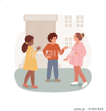 Conversation isolated cartoon vector illustration. Smiling child talking with friends and discussing plans, conversation and dialogue process, people psychological health vector cartoon. 97897668