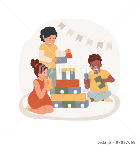 Teamwork isolated cartoon vector illustration. Group of people building tower together, leisure time with friends, psychological health, socialization and communication vector cartoon. 97897669