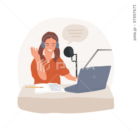 Podcasts isolated cartoon vector illustration. Smiling woman recording a podcast on her laptop with headphones, people lifestyle, getting new knowledge, mental development vector cartoon. 97897675