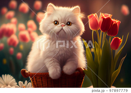 cute white cat in a wicker basket on a background of red tulips cute white cat in a wicker basket on a background of red tulips 97897779