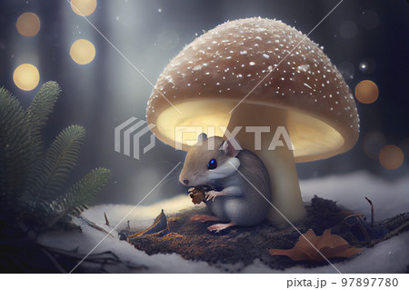 There is a mouse in the forest under a luminous mushroom in winter There is a mouse in the forest under a luminous mushroom in winter 97897780