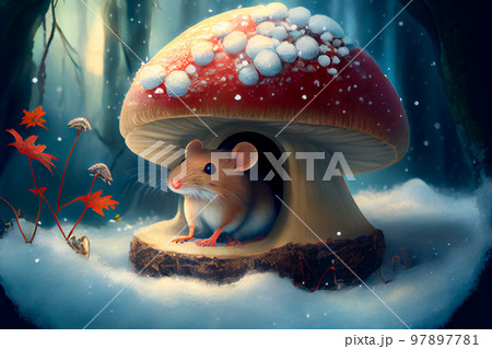 A mouse peeks out of its mushroom-shaped house in winter A mouse peeks out of its mushroom-shaped house in winter 97897781
