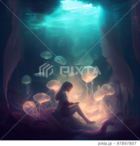 A girl meditates and a flock of luminous jellyfish flies on top of her 97897807