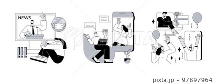 Quarantine lifestyle abstract concept vector illustration set. Limit your news intake, stay connected to people, virtual Holiday party, friends meetup, online communication, anxiety abstract metaphor. 97897964