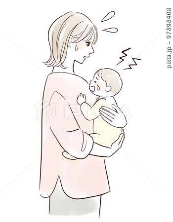 泣いている赤ちゃんと抱っこするお母さん 97898408