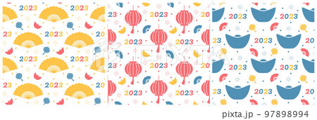 Set of Chinese Lunar New Year 2023 Days Seamless Pattern Decoration Template Hand Drawn Cartoon Flat Illustration 97898994