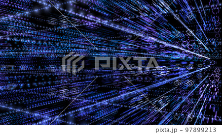光のつながりが輝く、広大なメタバース。消失点に向かって集中する光の筋。 97899213