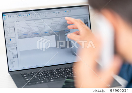 三次元CAD　立体的　3DCG　建築設計　プロジェクト　内観　ビジネスマン　スマホ　打合せ　リモート 97900034