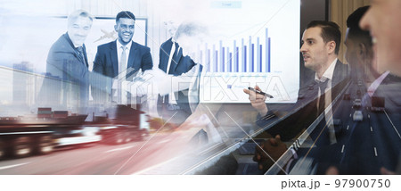 Successful business of logistics with logistic network distribution on background and Logistics Industrial Container Cargo freight ship or instant shipping by management team 97900750