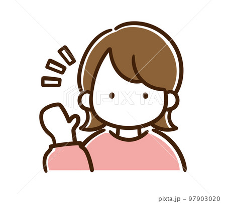 右手を挙げて挨拶をするシンプルな女性の上半身イラスト 97903020