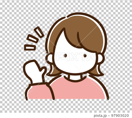 右手を挙げて挨拶をするシンプルな女性の上半身イラスト 97903020