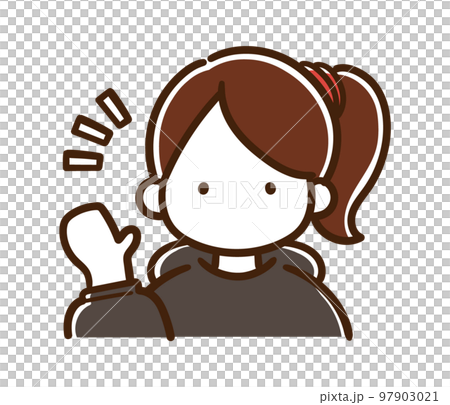 右手を挙げて挨拶をするカジュアルなポニーテールの女性の上半身イラスト 97903021