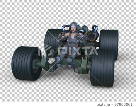 Cyberwoman riding a four-wheeled buggy 97903061