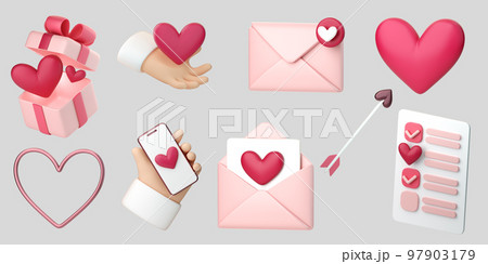 3d romantic collection icons set. Hearts, love letters and gifts. Concept of love day, Valentines day, social media likes, wedding event. 3d high quality render isolated 97903179