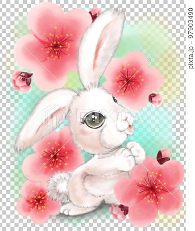 Rabbit and plum illustration drawn with colored pencils 97903490
