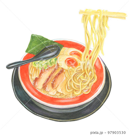 手描き水彩で描いた箸で麺をつまんだラーメンのイラスト 手描き水彩で描いた箸で麺をつまんだラーメンのイラスト 97903530
