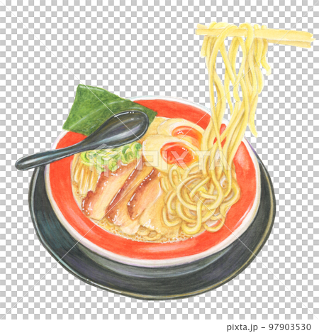 Illustration of ramen with noodles pinched with chopsticks drawn with hand-painted watercolor Illustration of ramen with noodles pinched with chopsticks drawn with hand-painted watercolor 97903530