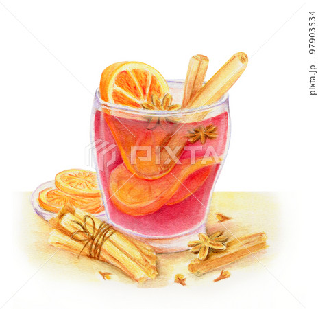 水彩で描いた輪切りオレンジが入ったホットワインとシナモンスティック・クローブのイラスト 97903534