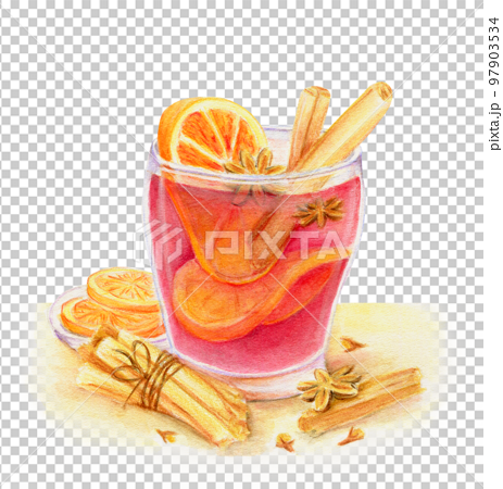 水彩で描いた輪切りオレンジが入ったホットワインとシナモンスティック・クローブのイラスト 97903534