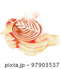 手描き水彩で描いたラテアートの赤いコーヒーカップで手を温めるイラスト 97903537
