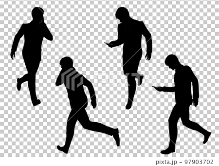 一名推銷員四處奔波的商業場景，由多人剪影、全身正面和背面視圖組成。 97903702
