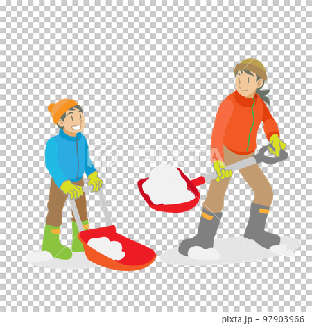 Parents and children shoveling snow 97903966