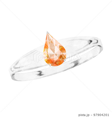 オレンジ色の指輪のジュエリー　ペアシェイプブリリアントカットの水彩イラスト 97904201