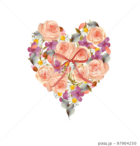ハート型になった水彩の薔薇のブーケのイラスト素材 [97904250] - PIXTA