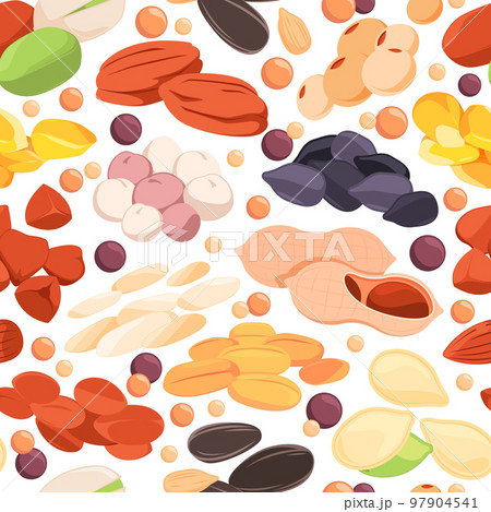 Seeds pattern. Seamless print of sunflower chia flax quinoa nut grains, colorful organic food background for wrapping paper. Vector texture Seeds pattern. Seamless print of sunflower chia flax quinoa nut grains, colorful organic food background for wrapping paper. Vector texture 97904541