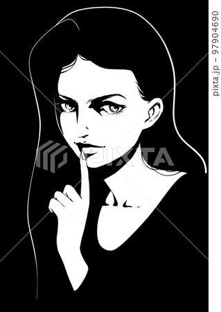 指を口に当てた若い女性のポートレート 白黒 97904690