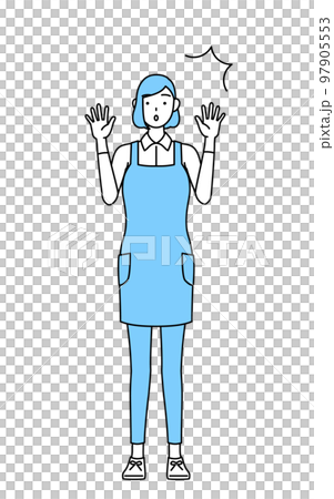 A woman wearing an apron who raises her hand in surprise 97905553