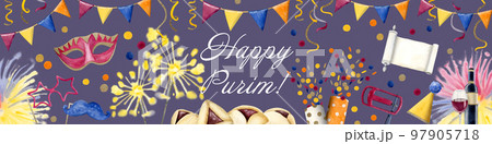 Happy Purim horizontal banner on purple background with carnival masks, Jewish symbols. Watercolor greeting border Happy Purim horizontal banner on purple background with carnival masks, Jewish symbols. Watercolor greeting border 97905718