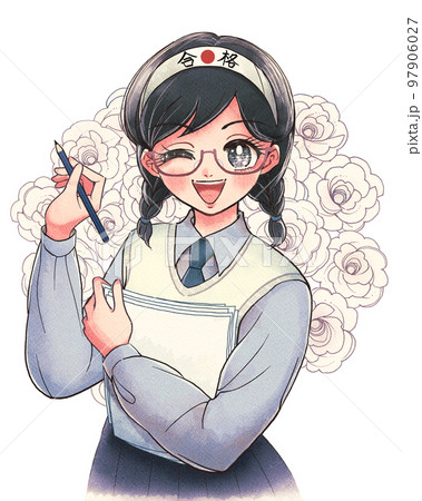 レトロ少女マンガ風・合格の鉢巻きを巻いたガリ勉受験生 97906027