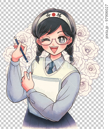 レトロ少女マンガ風・合格の鉢巻きを巻いたガリ勉受験生 97906027