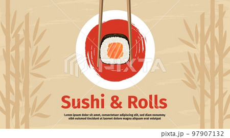 Japanese food banner, sushi and roll advertising template. Bamboo chinese texture on background, asian bento menu, asia culture invitation card. Realistic elements. Vector banner neoteric illustration Japanese food banner, sushi and roll advertising template. Bamboo chinese texture on background, asian bento menu, asia culture invitation card. Realistic elements. Vector banner neoteric illustration 97907132